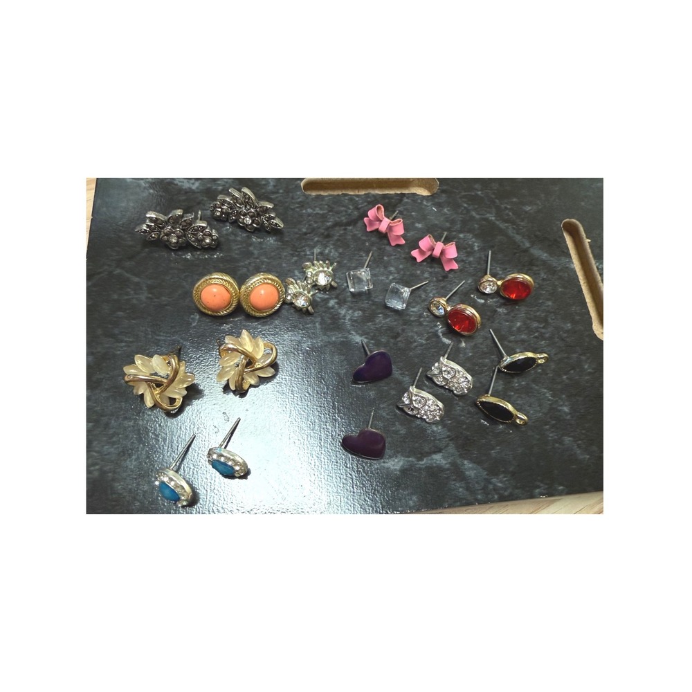 Vintage Stud Earring Lot 11 Pairs Bows Owls Hearts Rhinestone Enamel Mixed